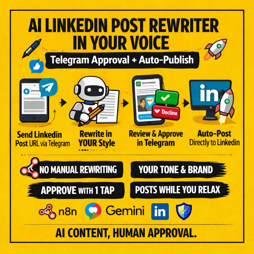 AI LinkedIn Post Rewriter in Your Voice – Telegram Approval + Auto-Publish (n8n)