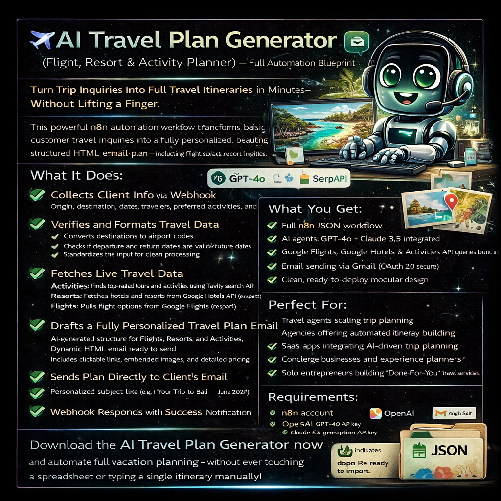 AI Travel Plan Generator (Flight, Resort & Activity Planner) — Full Automation chart