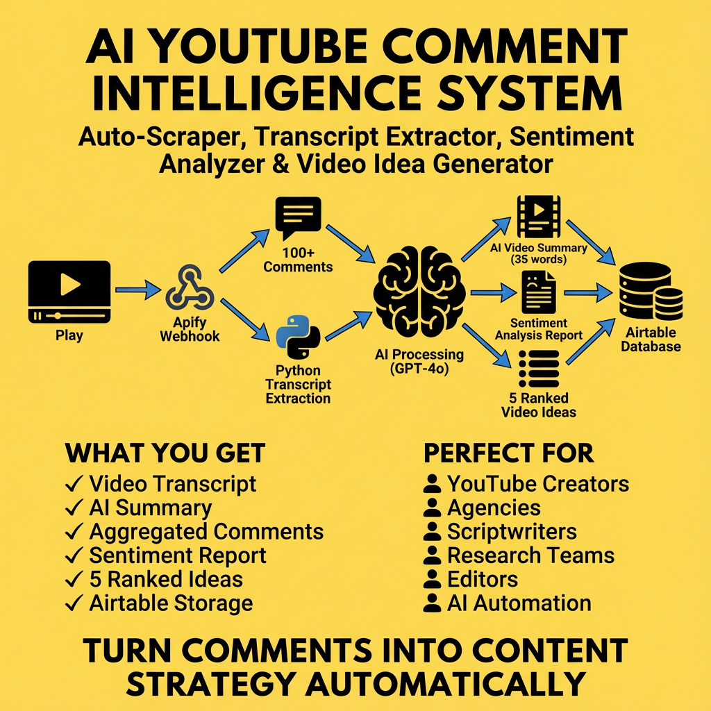 AI YouTube Comment Intelligence System – Auto-Scraper, Transcript Extractor, (Make.com )