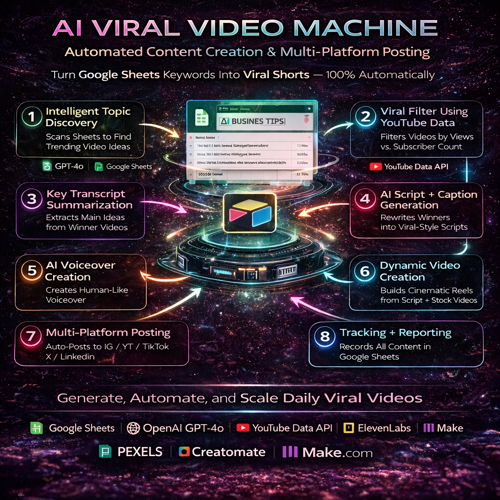 AI Viral Video Machine – 100% Automated Trending Video & Multi-Platform Posting System ( Make.com)