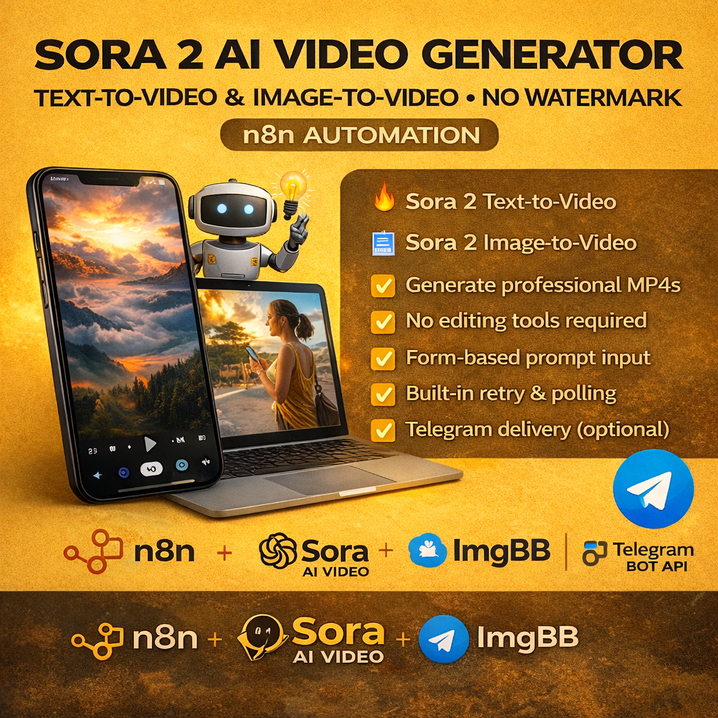 Sora 2 AI Video Generator (Text-to-Video & Image-to-Video) — No Watermark | n8n Automation